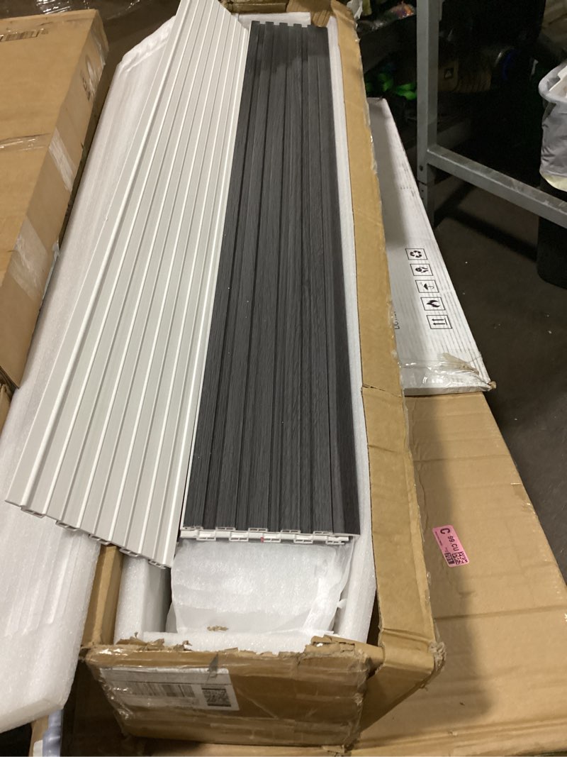 Condition photo showing As Is for wpc slat wall panels 16 pack 48" x 6.6", waterproof fluted wall paneling, accent 3d wall panel for wall decor, bathroom, bedroom, office - high grille black (cover approx.35 sq.ft) 48 x 6 inch black