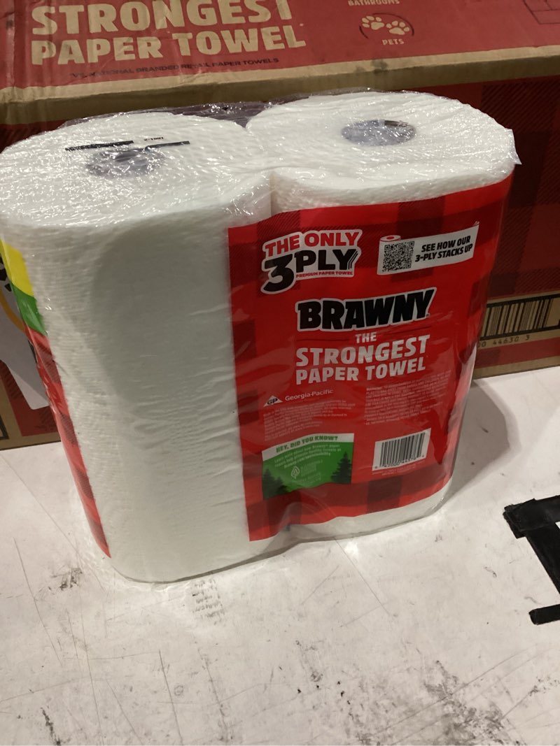 Condition photo showing New/Like New for brawny tear-a-square 3-ply paper towels, 2 triple rolls = 6 regular rolls, strong, absorbent, and durable with 3 sheet sizes (quarter, half, full) triple 2 triple rolls
