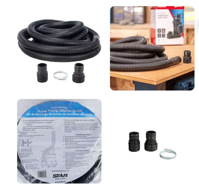 h2opro sump pump discharge kit 24' 1-1/4" hose- 1-1/2" and 1-1/4" adapters