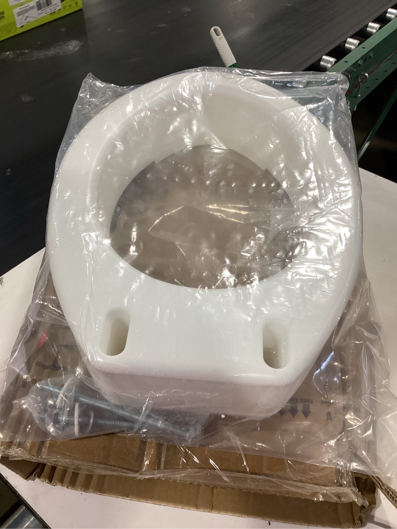 Condition photo showing As Is for carex raised toilet seat elevator with easy installation, adds 3.5 in height, white, 300 lb limit