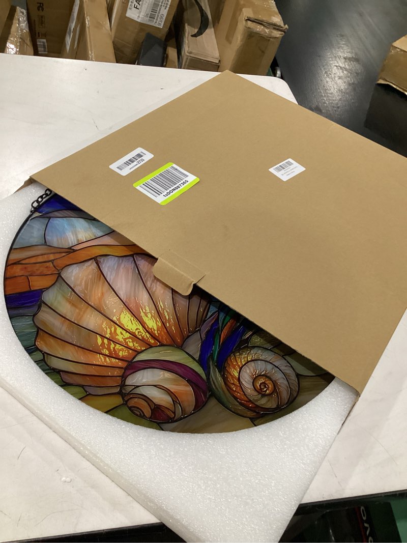 Condition photo showing Good Condition for stained glass window hanging - colorful beach shells conch sun catcher for door home decor ocean suncatcher christmas mother's day birthday sea lover gifts for women men mom nana 15 in colorful 15x15 in