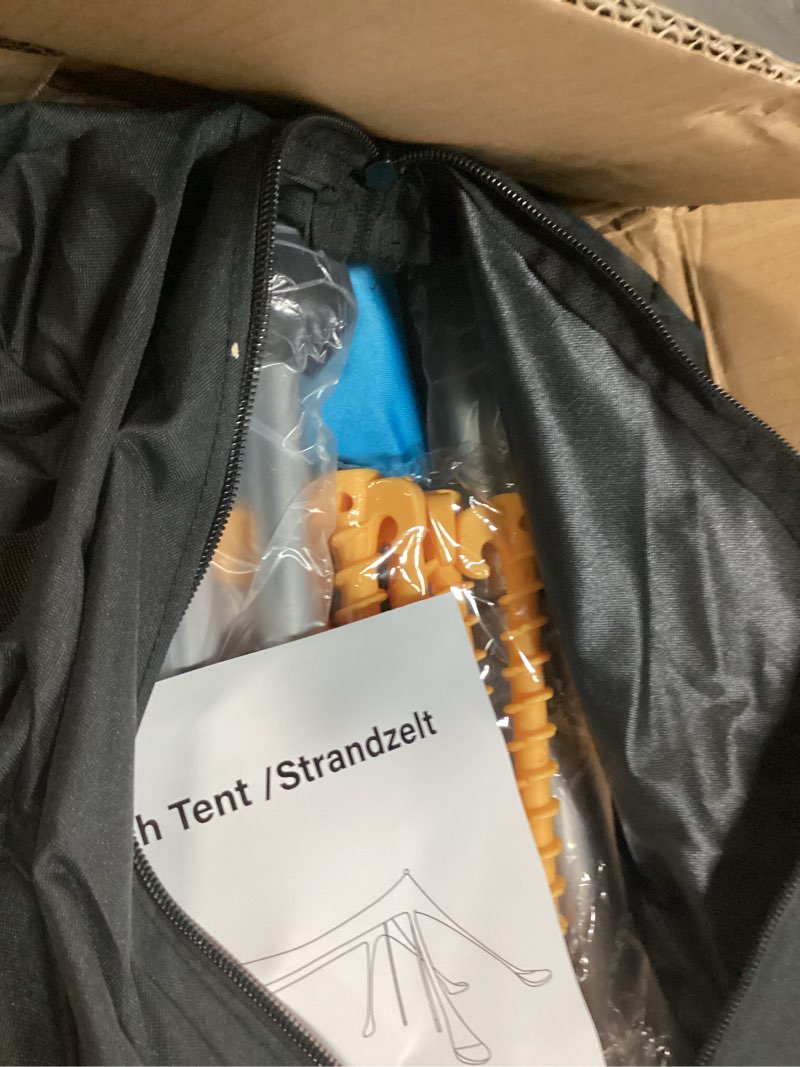 Condition photo showing New/Like New for purebox beach tent sun shelter - 10x10ft beach shade canopy upf50+ protection easy setup, with 8 sandbags, 4 stability poles, sand shovel, ground spikes, outdoor shade for sand, camping, fishing