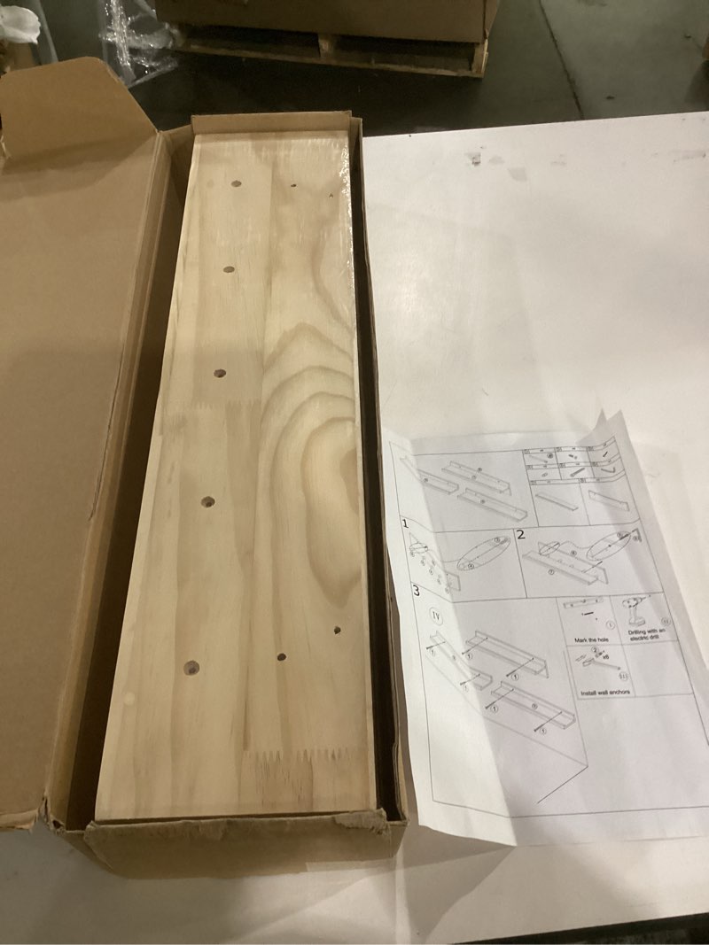 Condition photo showing Good Condition for mbyd natural wood floating shelves, unfinished wood picture ledge, 24 inch picture ledge for kids room, floating nursery book shelf with hooks for living room, kitchen, bathroom natural 24 inch