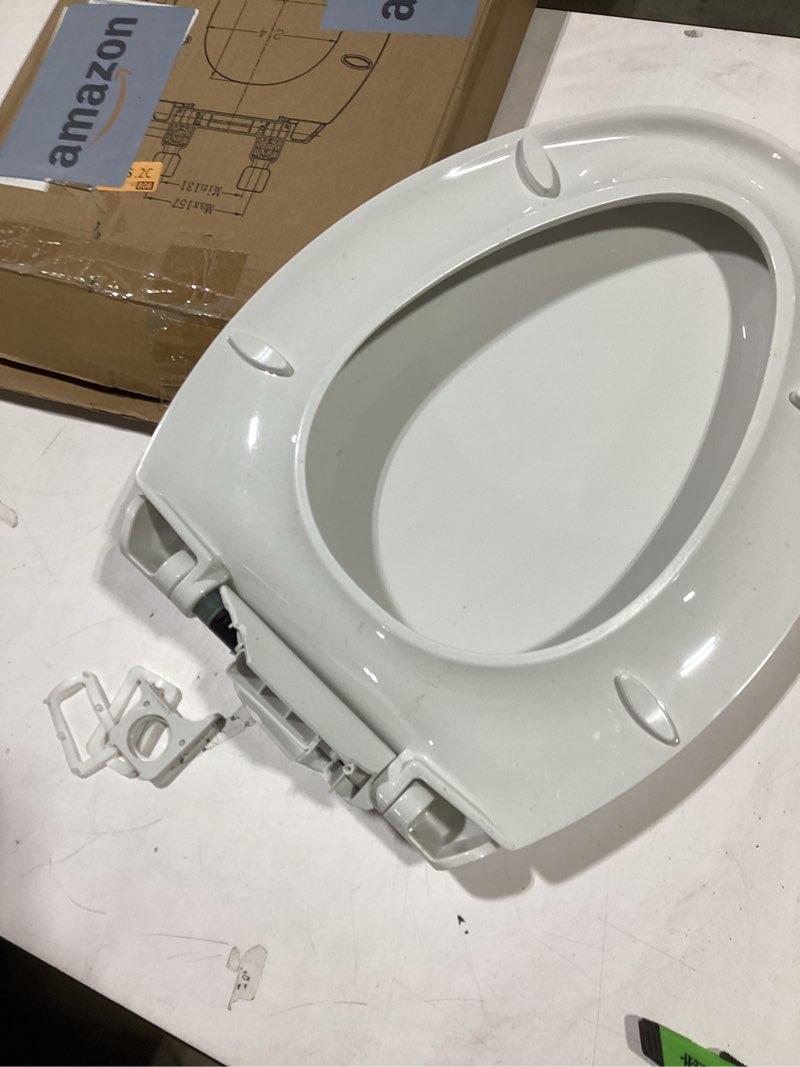 Condition photo showing As Is for Elongated Toilet Seat Slow Close, Quiet Toilet Seat Cover with Never Loosen Durable Toilet Seat Lid Easy to Install & Clean, Polypropylene (PP), White Elongated 18.5"