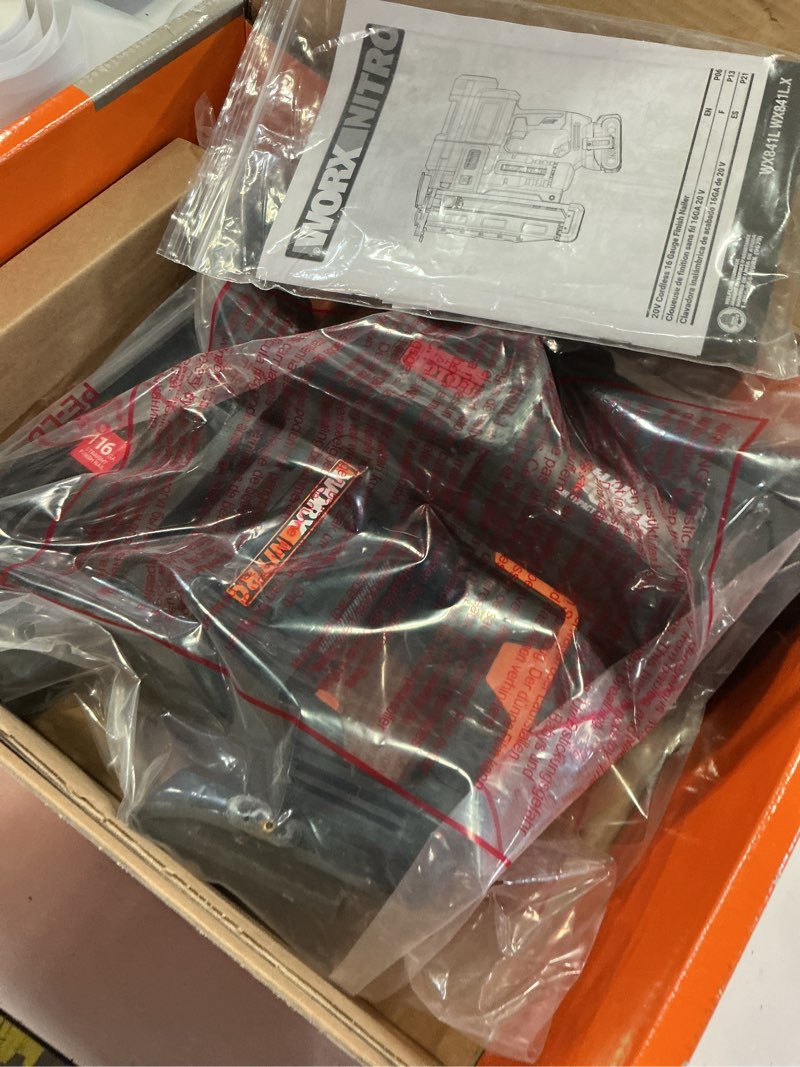 Condition photo showing New/Like New for worx nitro 20v 16ga finish nailer cordless 70 nails/min sinks up to 2-1/2", compact cordless nail gun w/tool-free jam release, brushless nail gun battery powered wx841l.9 – tool only 16ga straight finish nailer (tool only)