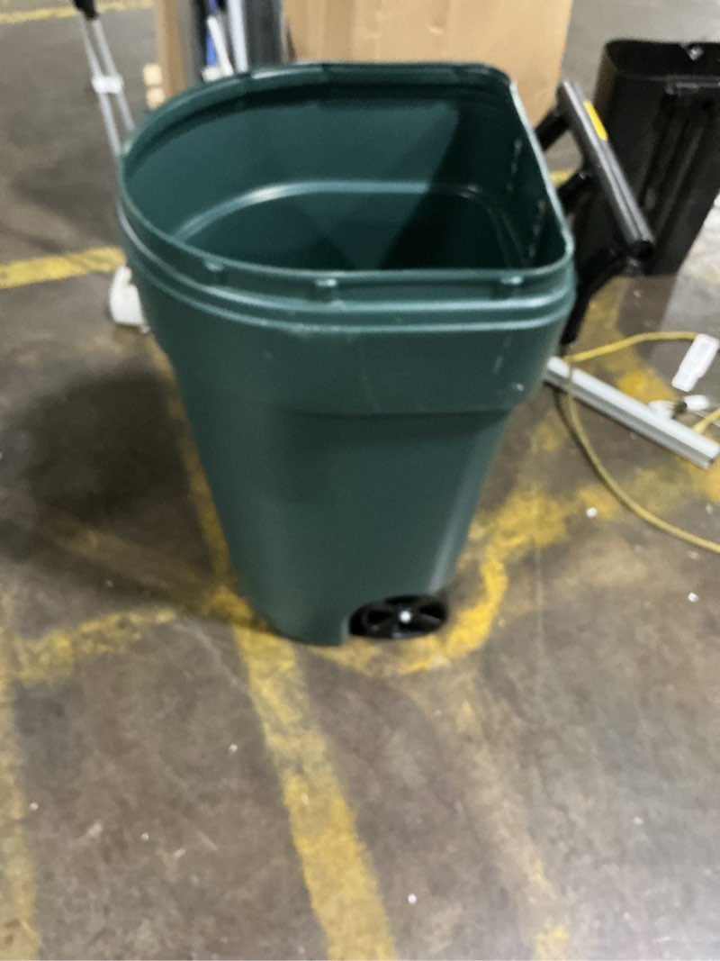 Condition photo showing As Is for project source 50-gallon green plastic wheeled outdoor hinged lid trash can