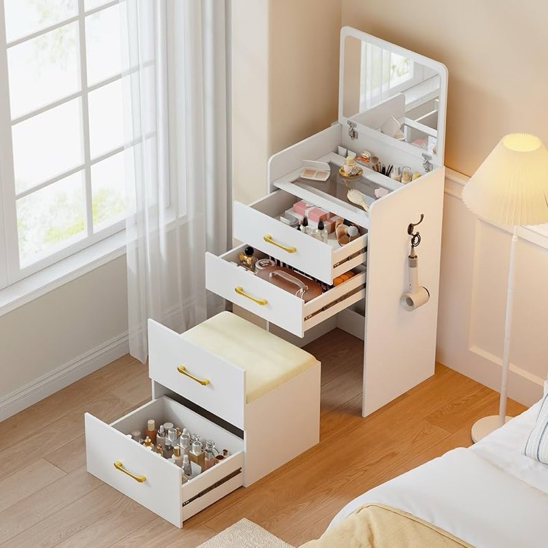 Makeup Vanity Table Set Vanity Desk Bedside Table Storage Cabinet With Mirror, 3 Drawers, Stool