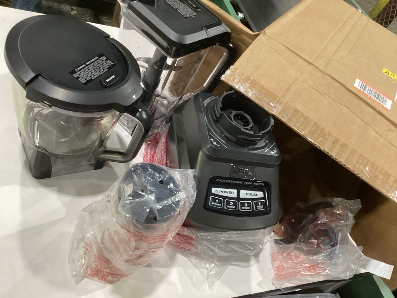 Condition photo showing As Is for ninja kitchen system | 8-cup food processor bowl & 72 oz. blender all-in-one | with (2) 16 oz. to-go cups | for smoothies, ice crushing, dough & more | 1500 watt | black | bl770 pitcher + bowl + (2) 16-oz. cups, not tested