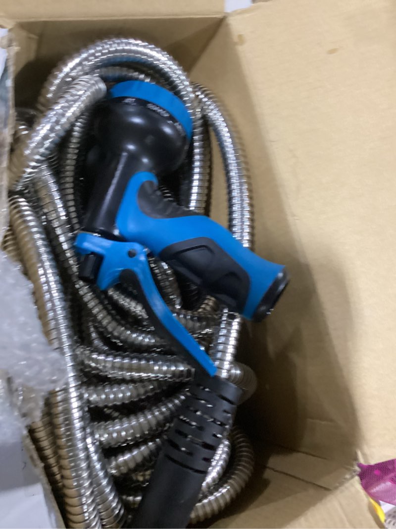 Condition photo showing Good Condition for garden hose 100ft, water hose with 10 function nozzle, garden hose metal with leak-proof connectors, kink-free & ultra flexible, rust/pet/puncture proof for lawn, yard, rv, car wash, 550psi 100 ft