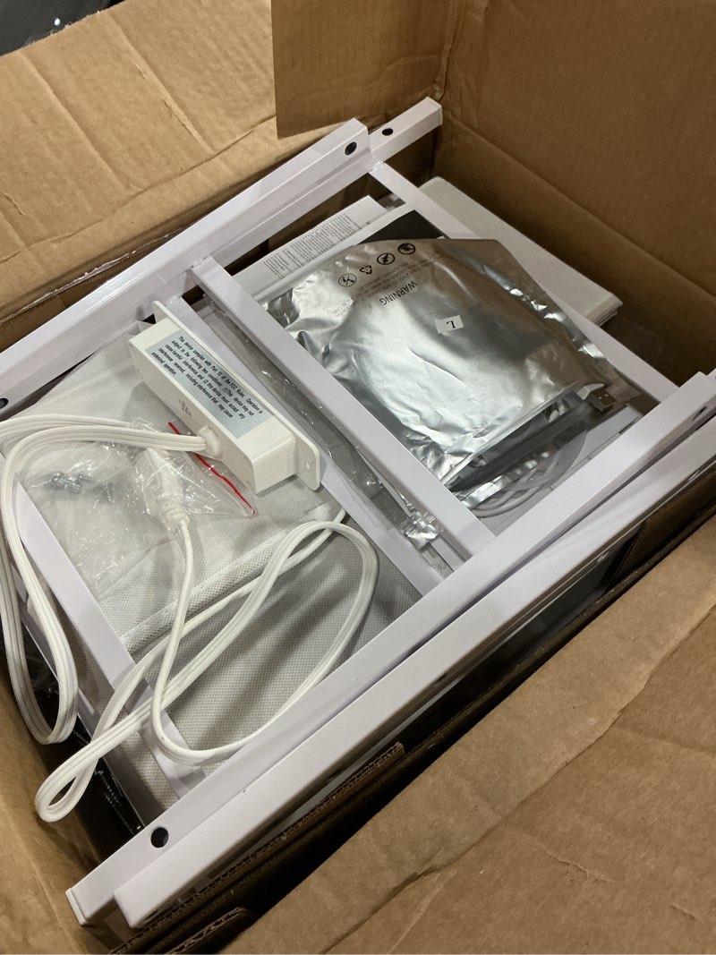 Condition photo showing Good Condition for Furnulem Night Stand, White Bedside Nightstand with 4-Tier Shelves and 3 Fabric Drawers, LED Bed Side Tables with Charging Station, Tall Dresser for Bedroom, Hallway, Office 3 Drawer White 1