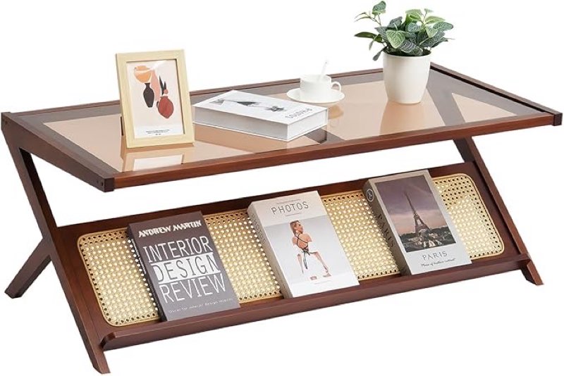 VEVOR End Table, Z-Shaped Rattan Woven Bamboo Coffee Table with Tempered Glass Top, 47” Modern Boho Storage Coffee Table with Natural Bamboo Legs, for Living Room, Bedroom & Small Spaces