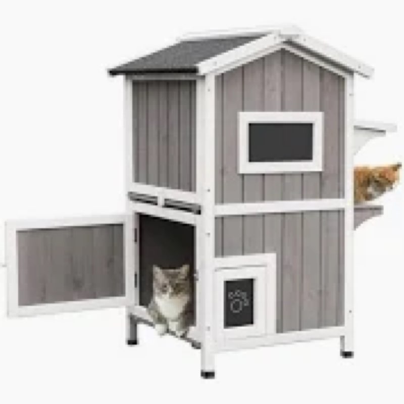 Rockever Outdoor Cat House, 2 Story Outdoor Cat Houses for Feral Cats Wooden Outside Cat Shelter Wea