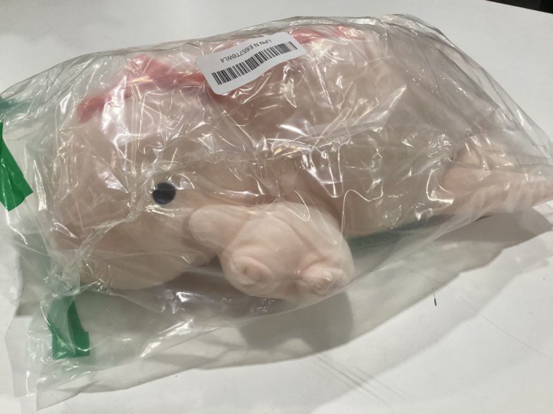 Condition photo showing New/Like New for kowsi® weighted pink stegosaurus plush microwavable heating pad 16" 1.4 lb | soft squishy heating plush pillow with lavender & tourmaline beads | offers lasting warm for soothing lumbar & back comfort coral peach spike dino