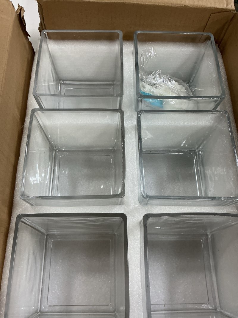 Condition photo showing New/Like New for 6 Pack Square Glass Vases 5 x 5 x 5 Inch, Clear Cube Flower Vases for Centerpieces, Candle Holders for Wedding Party Home Decor