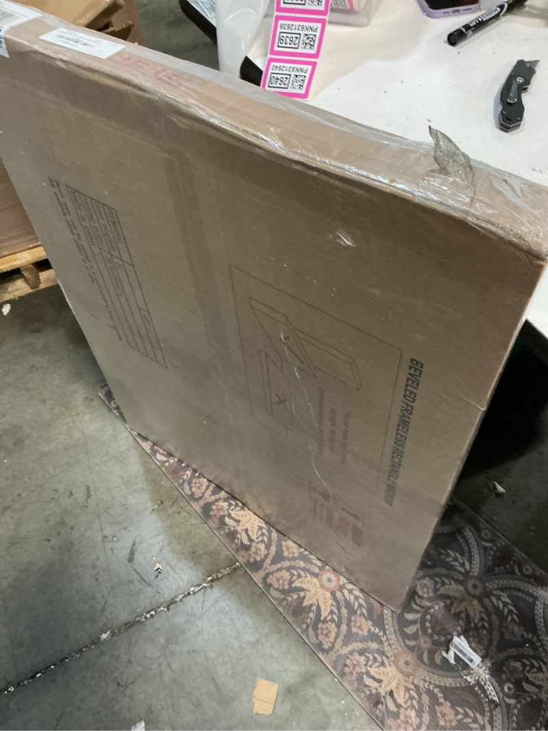 Condition photo showing New/Like New for 28x36 inch frameless wall mirror with 1" beveled edge, frameless rectangle mirror for bathroom, vanity, living room 36"l x 28"w