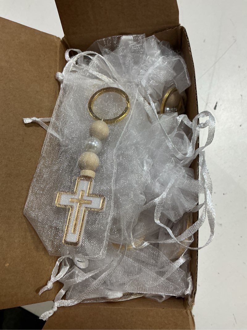 Condition photo showing Good Condition for quelay 50 sets first holy communion favors rosary beads with cross crucifix keychain white organza bag christening baptism gifts (white) 100 white