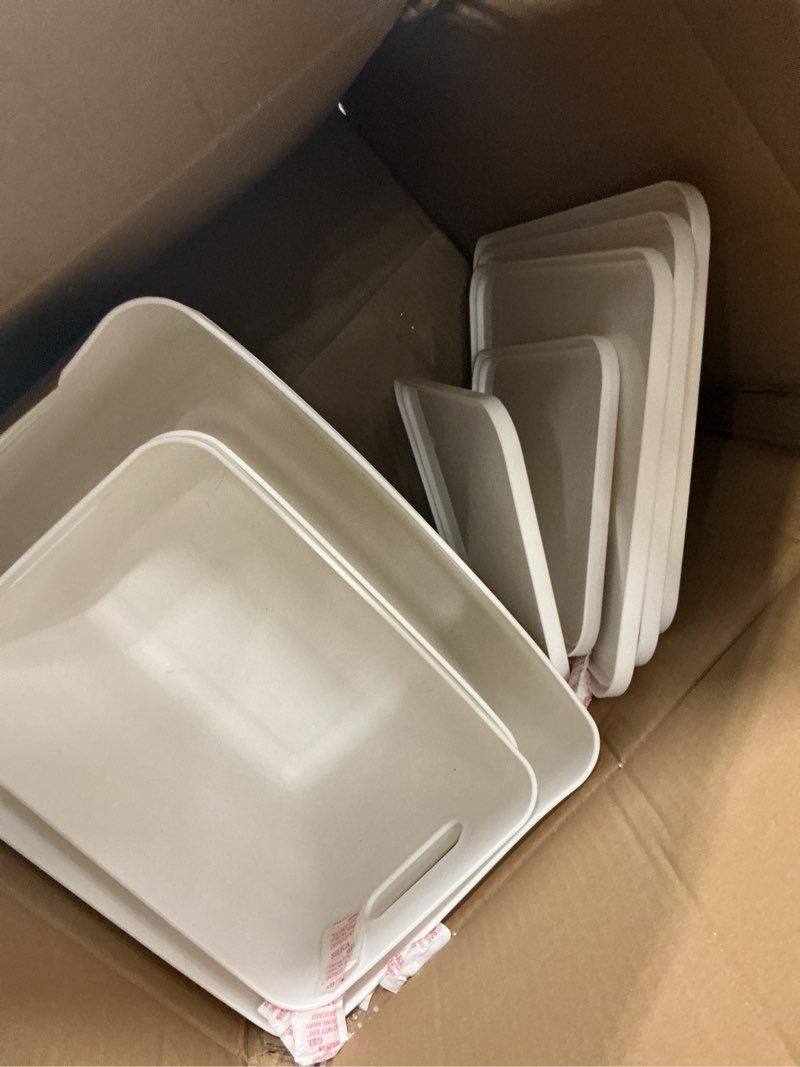 Condition photo showing Good Condition for plastic storage baskets bins boxes with lids,organizing container white storage organizer bins for shelves drawers desktop playroom classroom office,6-pack(4xl+2l)