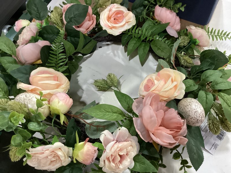 Condition photo showing Good Condition for my texas house 22" easter wreath pink floral speckled eggs new