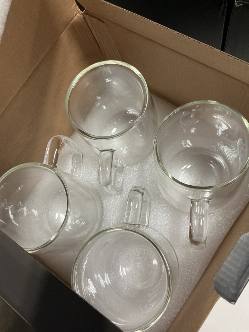 Condition photo showing New/Like New for collective home 14oz double walled glass coffee mugs, set of 4 - insulated clear glass cups with handle, premium gift boxed, heat resistant borosilicate glassware for latte, americano & tea (4)