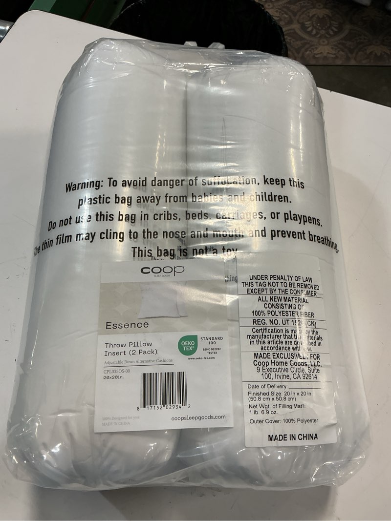 Condition photo showing New/Like New for coop home goods essence adjustable throw pillow inserts 20x20, set of 2, adjustable down alternative cushions for couch, bed, or chair, decorative square pillows for living room, oeko-tex certified essence down alternative 20x20