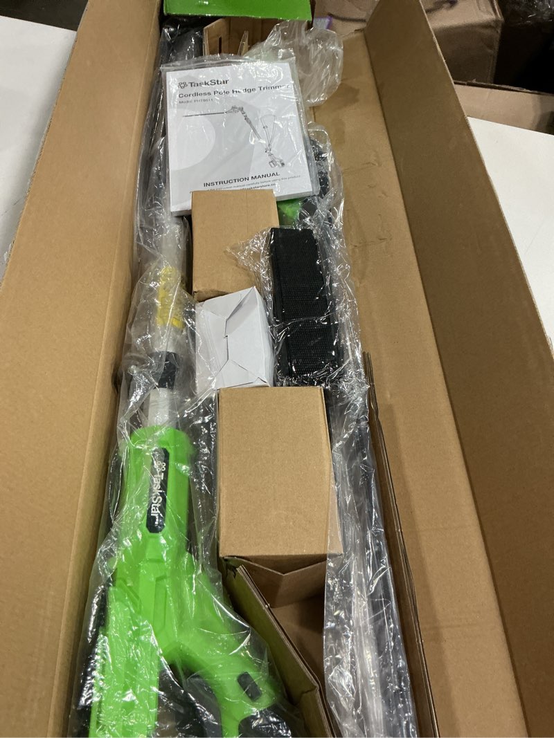 Condition photo showing Good Condition for taskstar pole hedge trimmer cordless: 20" electric long reach shrub & bush trimmer with extension pole, 2x4.0ah battery, dual-action blade hedge clippers, 3000 spm high-speed motor, 8-feet reach green