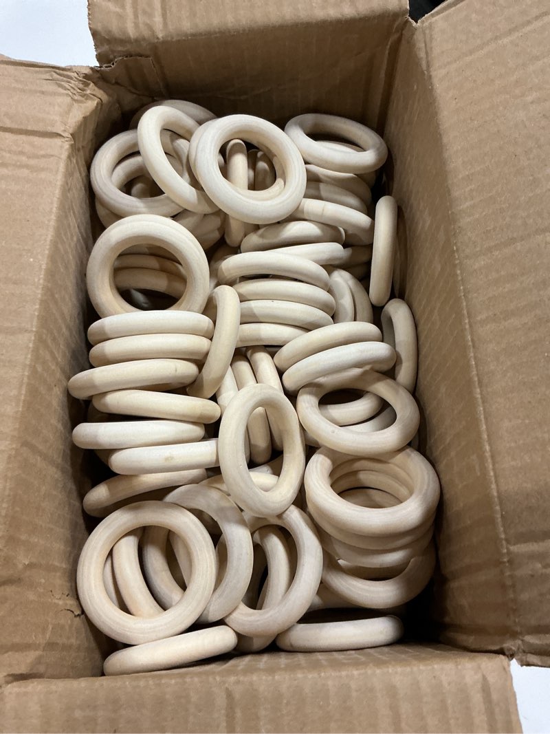 Condition photo showing Good Condition for 150 pcs 2.2 inch wooden rings for crafts, natural wood rings for macrame, jewelry making, and diy crafts, unfinished smooth wood rings, by gniemckin