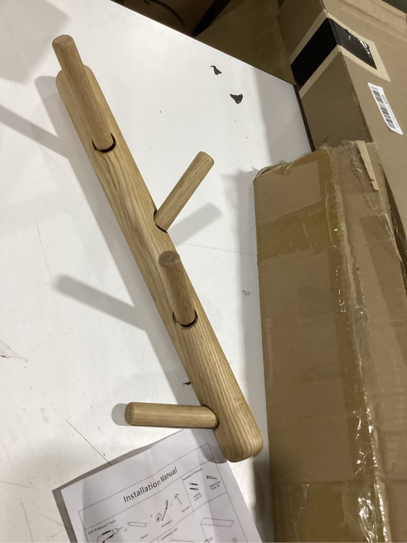 Condition photo showing Good Condition for oak wood coat rack, wall mount coat hooks with 4 hooks for clothes hats towel purse robes, entryway, bathroom, mudroom, bedroom, 16inch 16 inch