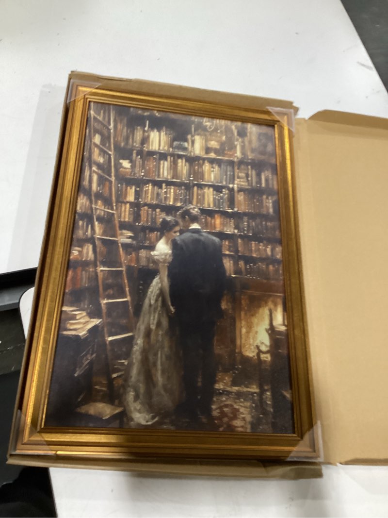 Condition photo showing Good Condition for chmmart vintage gold framed wall art dark academia couple canvas art prints victorian cottagecore pictures wall decor moody bookish paintings artwork for living room bedroom 16x24in library couple framed 16x24in