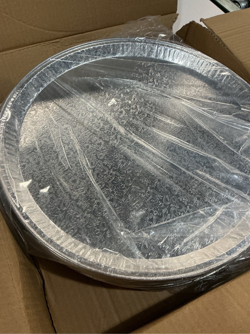 Condition photo showing Good Condition for 15 pack serving platters 14”, large disposable aluminium foil serving trays for parties, silver embossed foil serving dishes/plates for vegetable, fruit, slices of cake, cookies 14 inch