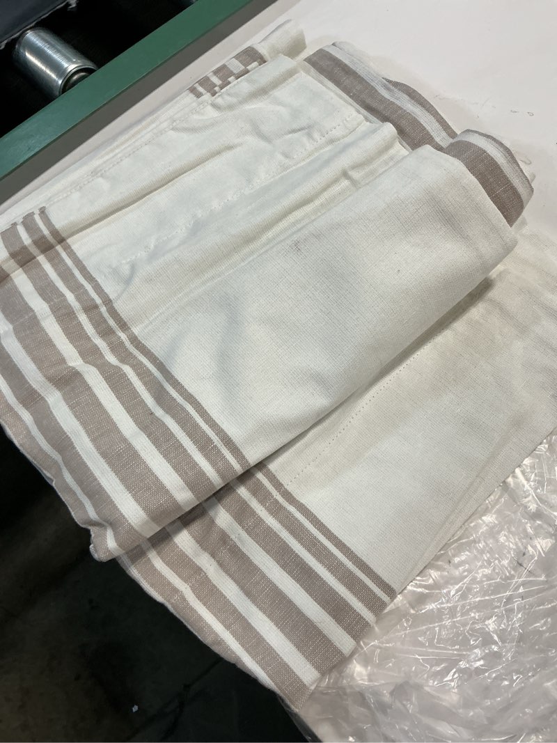 Condition photo showing As Is for coastal stripe linen cotton true blackout curtain, 48x84, ivory/natural