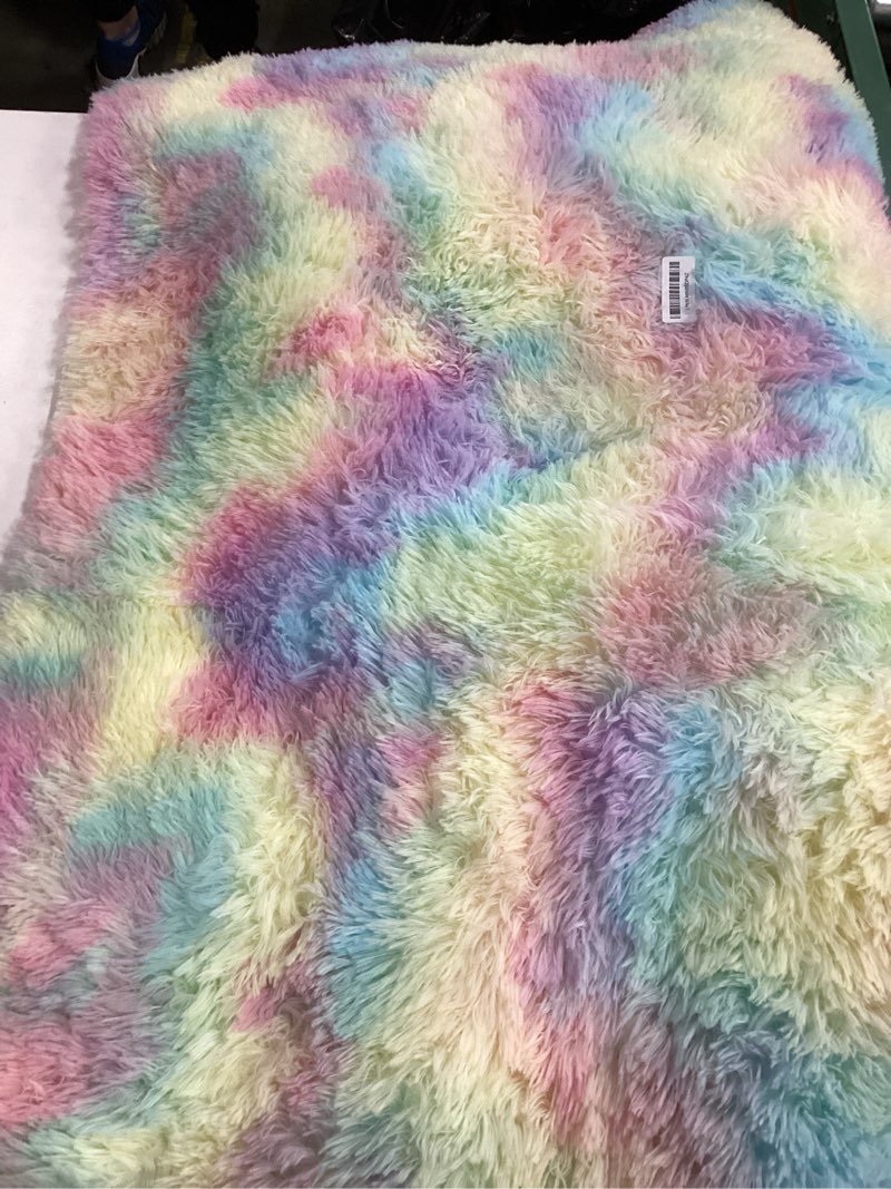 Condition photo showing As Is for KICHOWUA Soft Area Rug Bedroom 4x6 Ft Fluffy Plush Shaggy Shag Modern Rugs Living Room Furry Fuzzy Indoor Floor Carpet Dorm Toddler Kids Girls Boys Teen Nursery Room Decor Aesthetic Non-Skid Rainbow