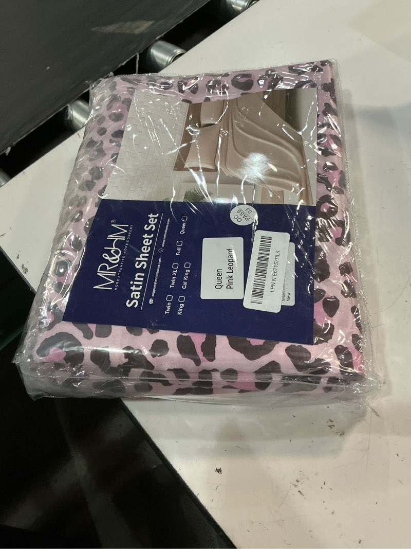 Condition photo showing Good Condition for mr&hm satin bed sheets with elastic corner straps, queen size sheets set, 4 pcs silky bedding set with 15 inches deep pocket for mattress (queen, pink leopard) 04- pink leopard queen