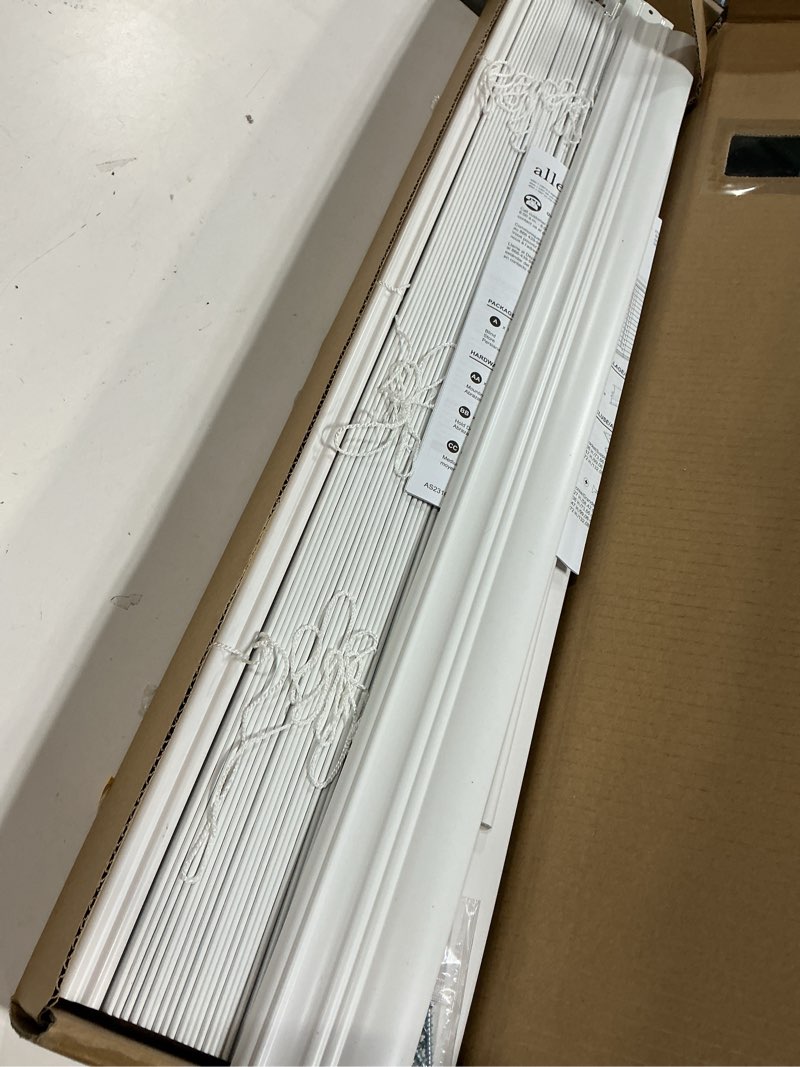 Condition photo showing As Is for 1k+ bought last week allen + roth Trim at Home 2-in Slat Width 29-in x 64-in Cordless White Faux Wood Room Darkening