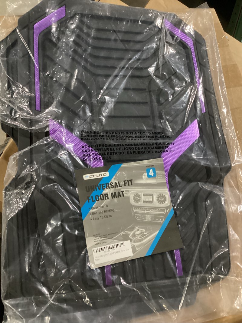 Condition photo showing Good Condition for pic auto heavy duty rubber floor mats, purple aluminum film car mats set, front and rear car mats with anti-slip backing, all weather protection, trim-to-fit for automotive suv, sedan, van