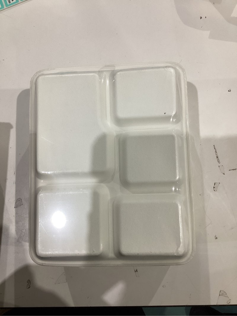 Condition photo showing New/Like New for Compostable 5 Compartment Plates Disposable, 10.25 x 8.25 inch, [100-Pack] Heavy Duty Paper Plates with dividers, Sturdy School Lunch Trays, White Large Paper Dinner Plates for Buffet Party divided plates-100pcs