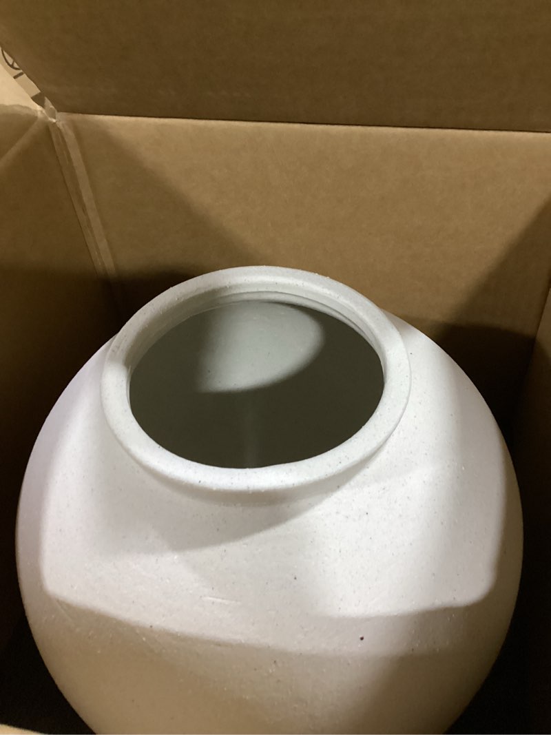 Condition photo showing As Is for white ceramic vase - large 12.5 inch round floor vase for centerpieces, farmhouse rustic minimalist home decor (sandstone white) sandstone white 12.5 inch