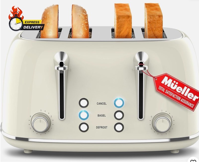 Mueller Retro Toaster 4 Slice with Extra Wide Slots Bagel, Defrost, and Cancel F