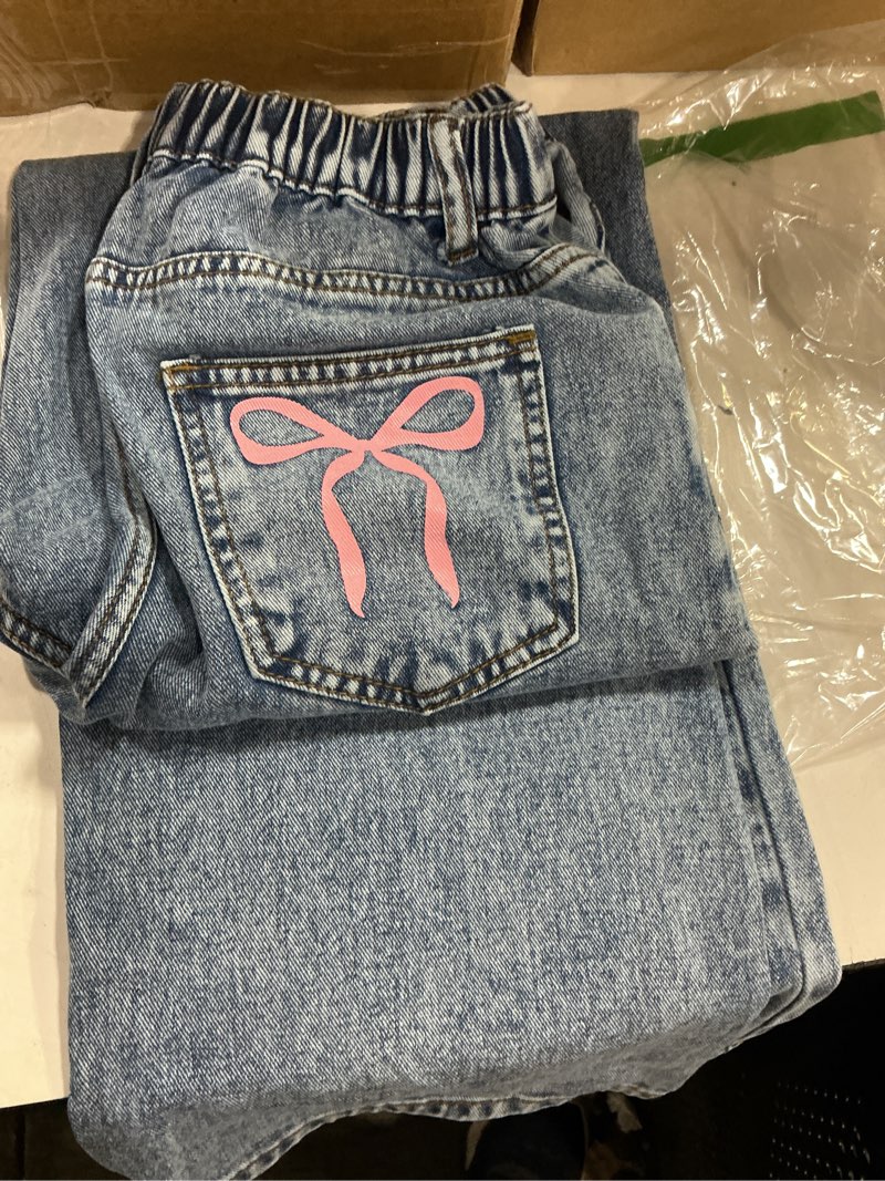 Condition photo showing New/Like New for WDIRARA Girl's Bow Print Back Zipper Fly Elastic High Waist Denim Pants Basic Wide Leg Jeans Blue 12