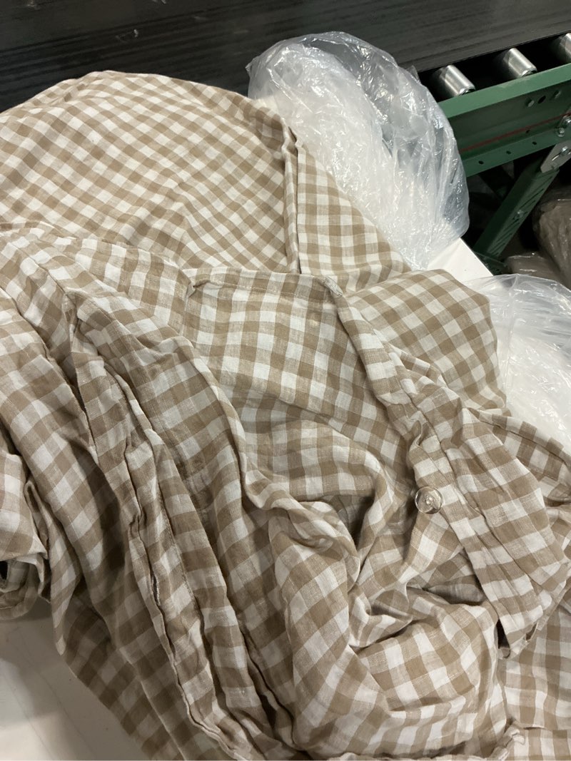 Condition photo showing As Is for tocomoa tan gingham duvet cover bedding set 100% washed cotton like linen feel super soft comfy 3 piece brown vintage plaid checkered fall comforter cover set (queen 90"x90", comforter not included) tan gingham queen 90x90