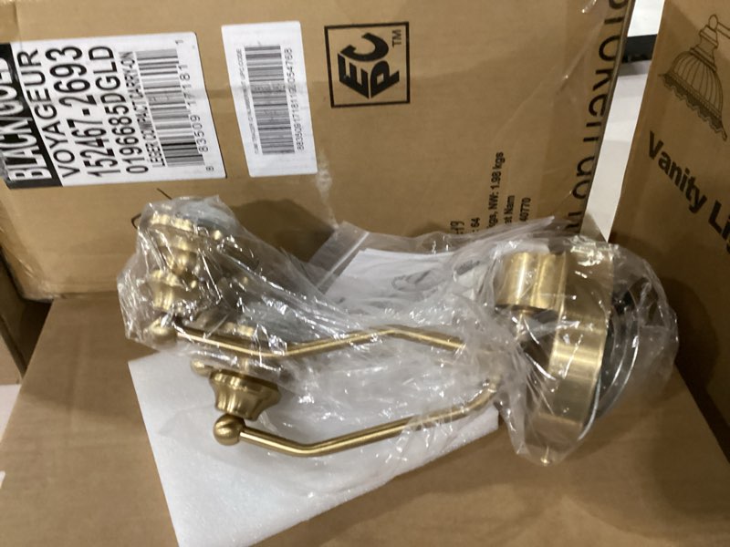 Condition photo showing As Is for vintage bathroom light fixtures, 3-light gold vanity light for bathroom with clear flower glass shades, vanity lighting fixtures over mirror (exclude bulb)