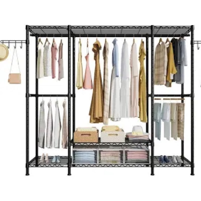 ulif m5 wall mounted clothes garment rack, heavy duty closet storage and organizer system with 6 shelves and 3 expandable hanger rods, space saver suit (46.2-102.4)" w x 14" d x 83.1" h, black