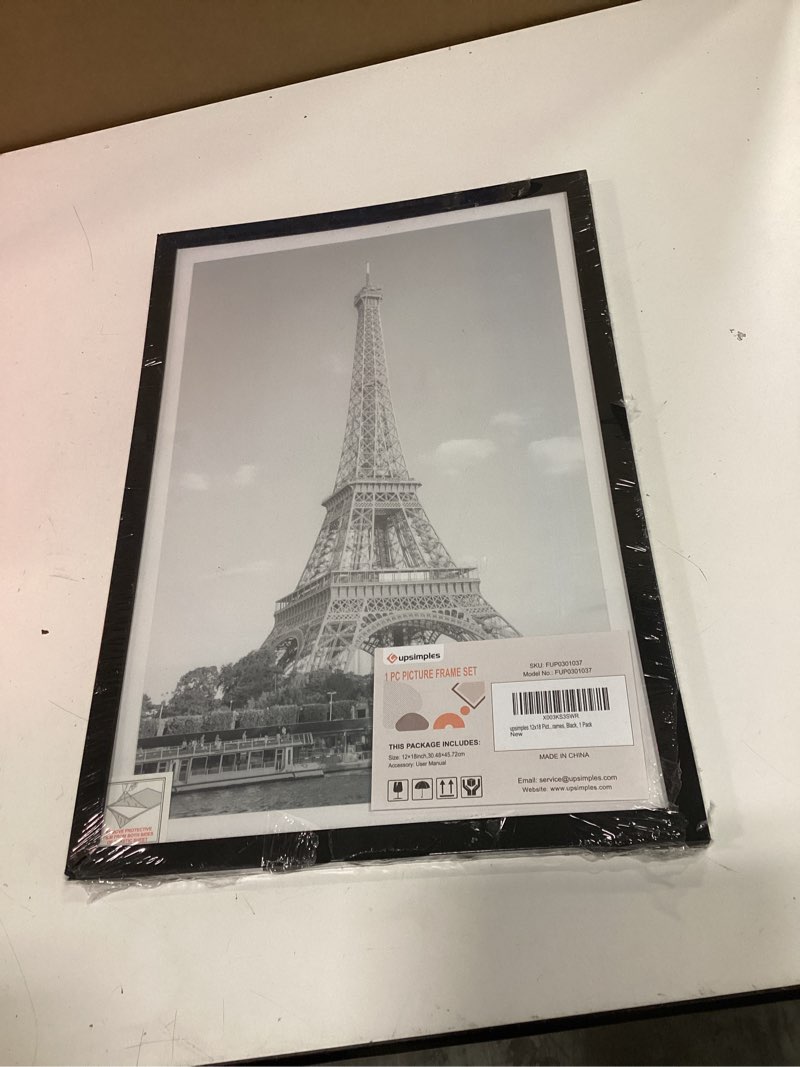 Condition photo showing Good Condition for upsimples 12x18 picture frame, display pictures 11x17 with mat or 12 x 18 without, wall hanging poster frames, black, 1 pack black 12x18