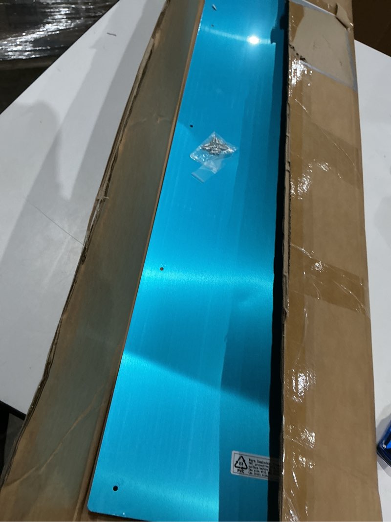 Condition photo showing Good Condition for door kick plate, 10" x 36" aluminum kick plate, fits 38" doors, satin silver | screw mount installation, rounded corners, metal kick plate for bottom of door, kick plates for exterior doors 10 x 36 inch