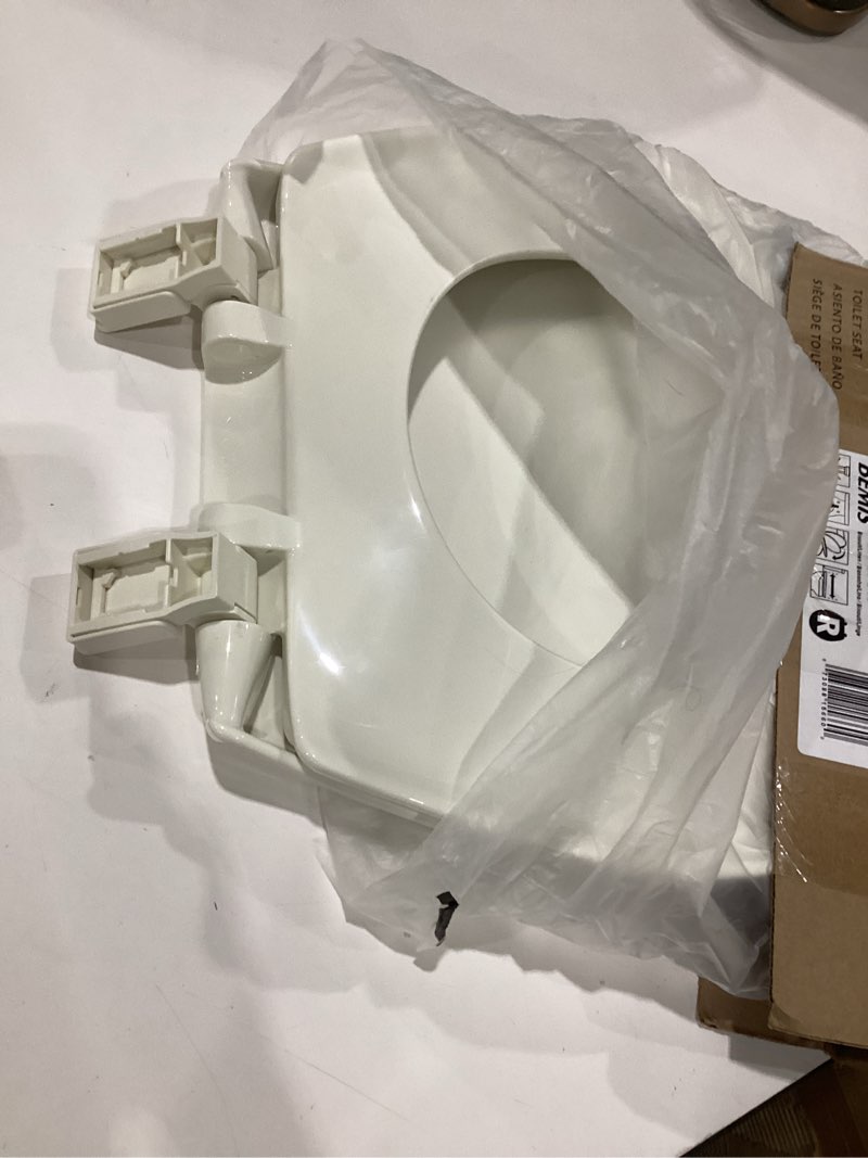 Condition photo showing As Is for bemis aurora slow close toilet seat, easy clean hinges and adjustable perfect fit plastic seat, made in usa, round, biscuit round biscuit