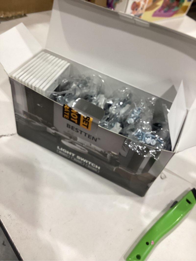 Condition photo showing New/Like New for BESTTEN 10 Pack 3-Way Decorator Wall Light Switch with Wallplate, 15A 120V/277V, Single Pole or Three Way, On/Off Paddle Rocker Interrupter, UL Listed, White 3 Way white 10