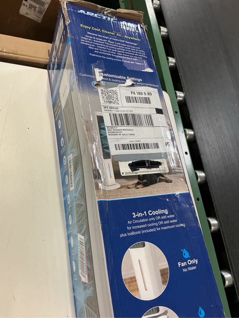 Condition photo showing As Is for arctic air tower+ indoor evaporative cooler with oscillating and quiet fan function, auto-off timer, 4 fan speeds, led night light, 16-hour cooling, fan for bedroom, living room, office & more,white tower plus