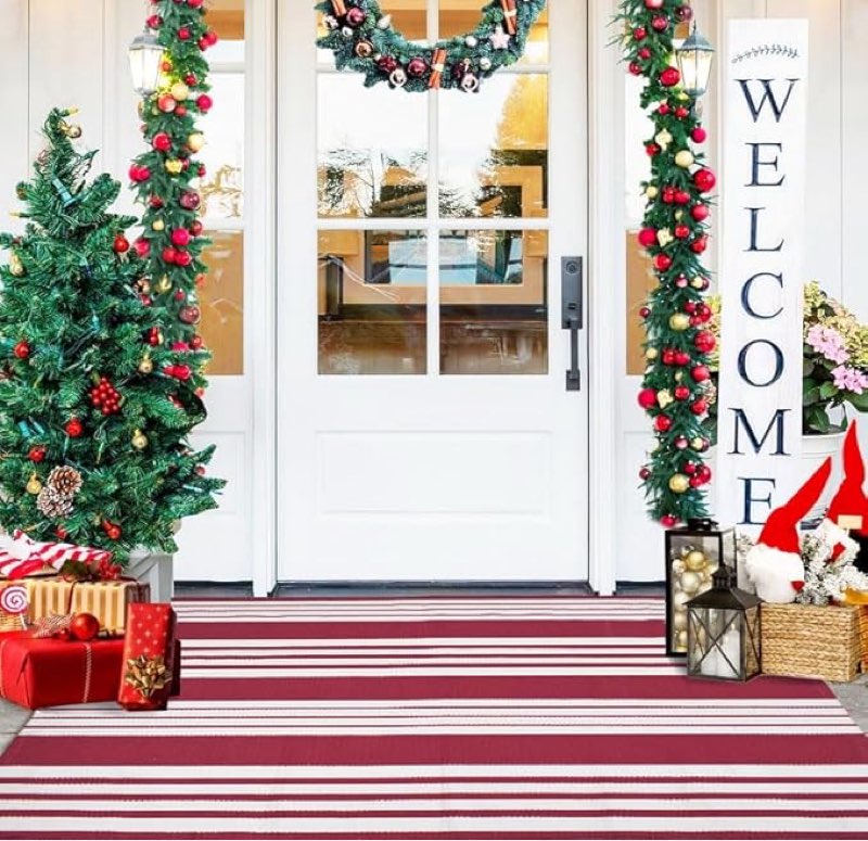 USTIDE Red and White Striped Outdoor Rug 35.4'' x 59''Cotton Hand-Woven Rug Washable Outdoor Doormats Outdoor Entrance Mat for Front Door Kitchen Entryway Patio Front Porch Christmas Door Mat