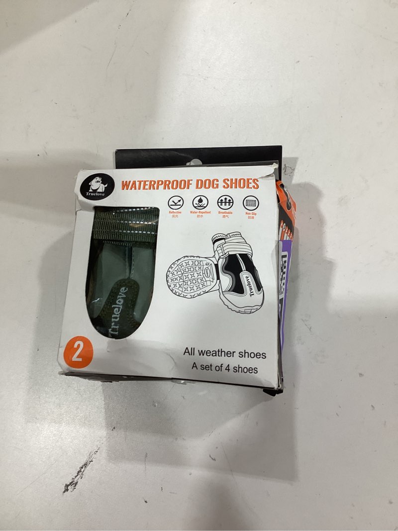 Condition photo showing New/Like New for EXPAWLORER 4PCS Anti-Slip Dog Shoes - Waterproof Dog Booties & Paw Protectors with Reflective Straps for Outdoor Cold/Hot Pavement, Indoor Hardwood Floors, Winter Boots for Small Medium Large Dogs Olive-Green Size 2: 2.28"x1.89" (L*W) (Pack of 4)