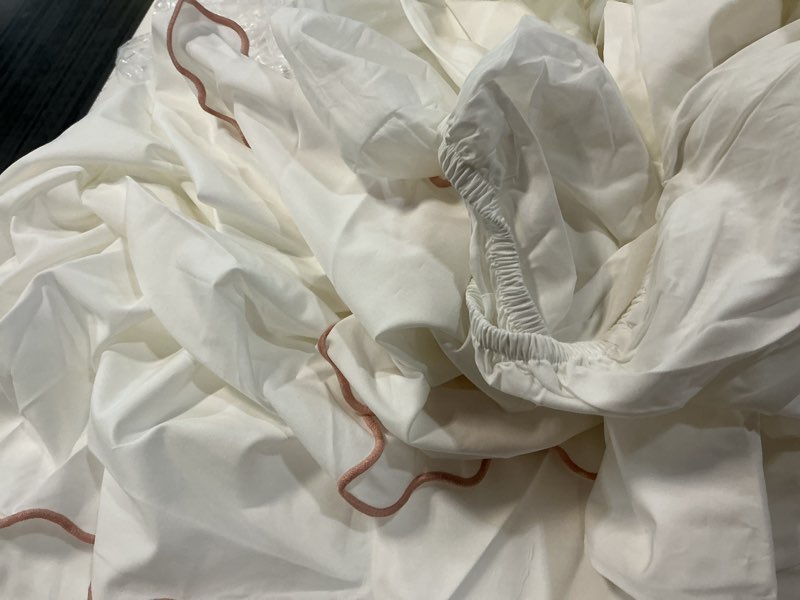 Condition photo showing As Is for organic crisp percale duvet cover in rose scallop king (2 pieces )
