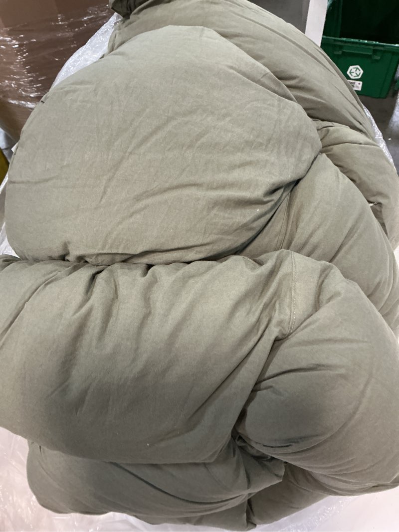 Condition photo showing As Is for cotton pintuck comforter, king/cal king, dusty olive